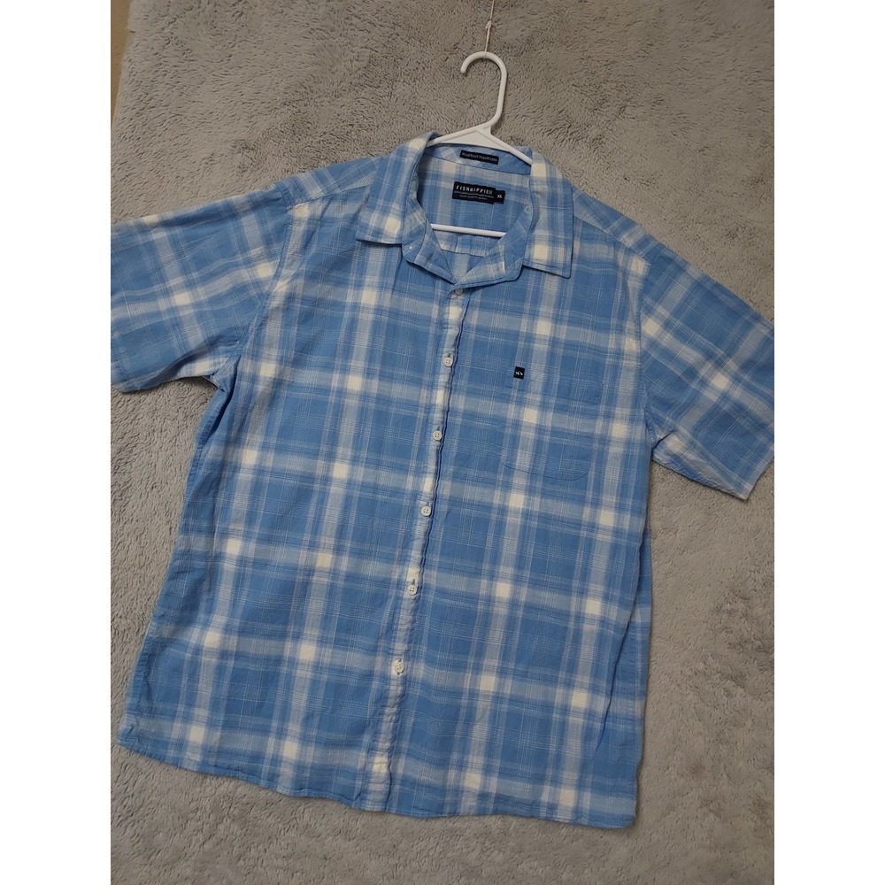 Fish Hippie Shirt Mens Extra Large Blue Plaid  Button Up Rumfront Collection